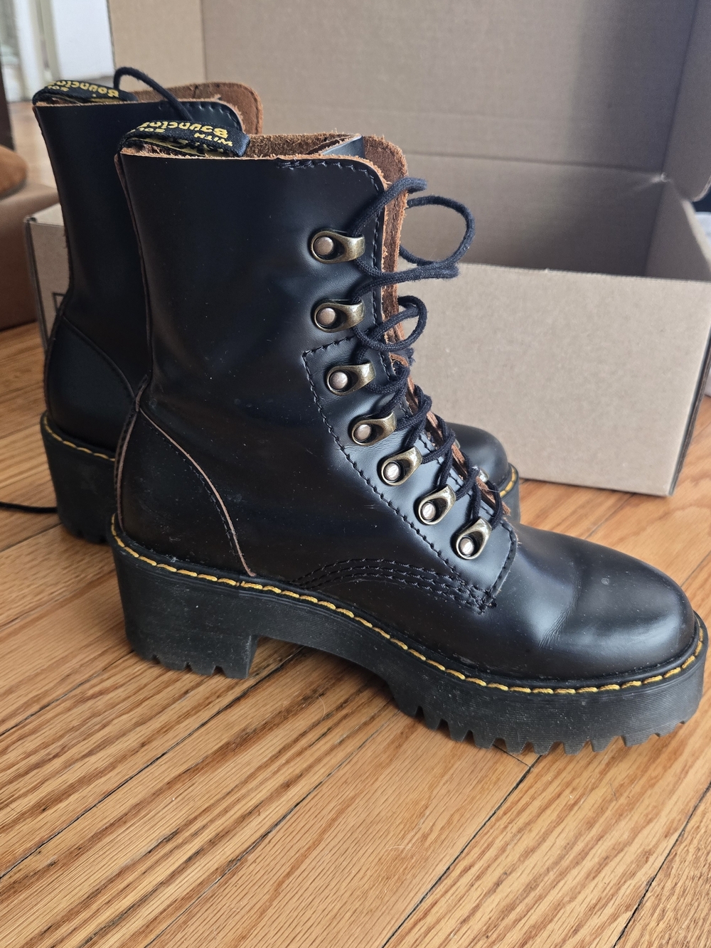 Dr. Martens Leona Black Leather Lug Platform Lace-Up Boots - Picture 4 of 6